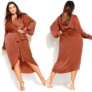 City Chic Opulent Satin Long Sleeve Faux Wrap Dress In Toffee Brown Size XS/14